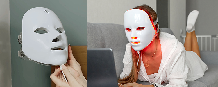 Woman wearing the Glokore mask with purple light mode